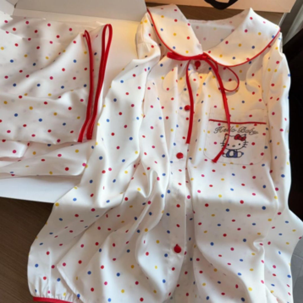 Kawaii Kitty Print Pajamas – Breathable Satin, Summer Loungewear