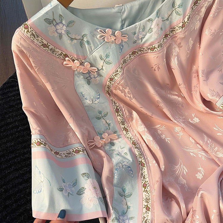 Pink Sweet Chinese-Style Sleep Dress – Short Sleeve, Floral Jacquard, S-3XL