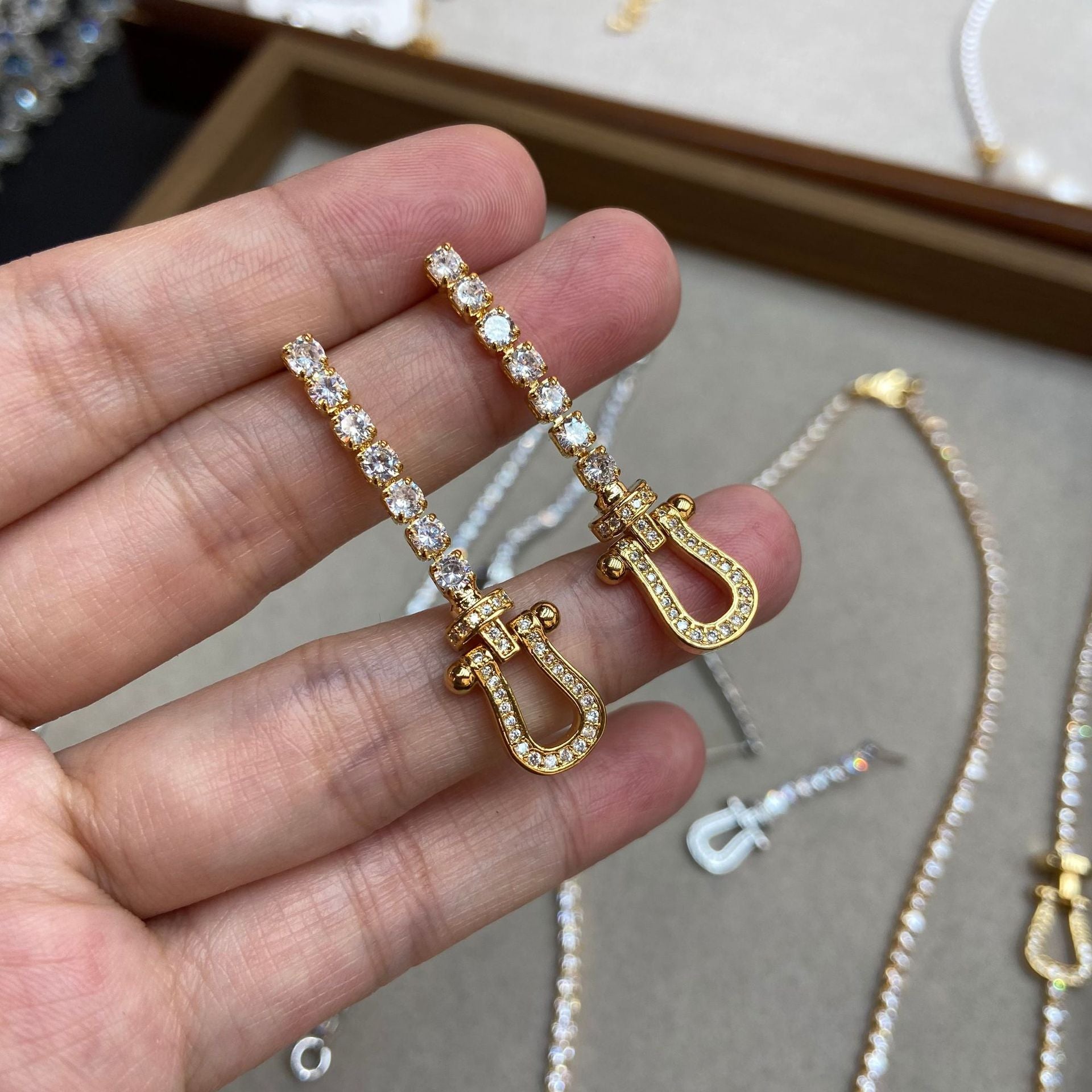 Horseshoe Tassel Earrings & Necklace – Full Pavé, Gold or Silver