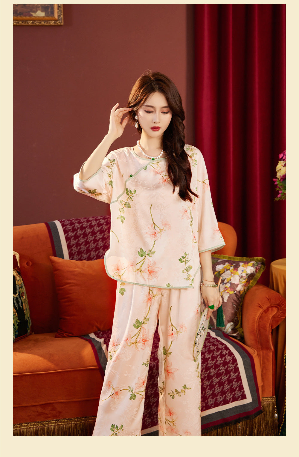 Ice-Silk Pajama Set with Built-in Bra – Pullover Style, M-XXL
