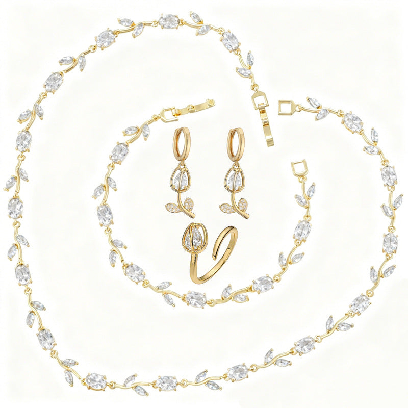 Spring Tulip Set – Sparkling Flower Necklace & Bracelet in Gold or Silver Tone