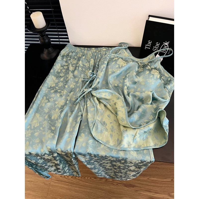 Elegant Chinese-Style Ice-Silk Pajamas – Adjustable Camisole & Wide-Leg Pants