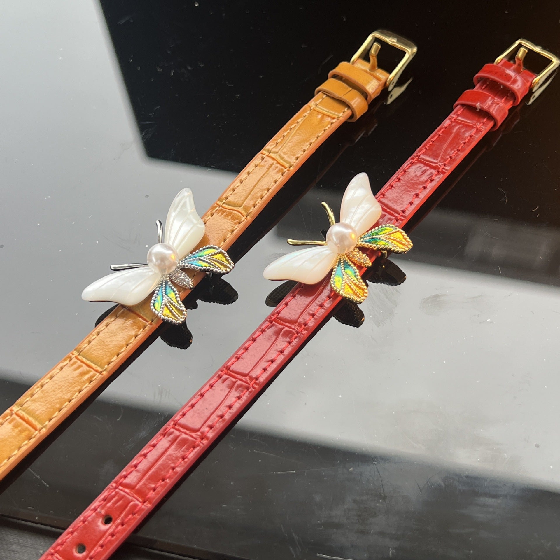 Abalone Flower Leather Bracelet – Red or Orange