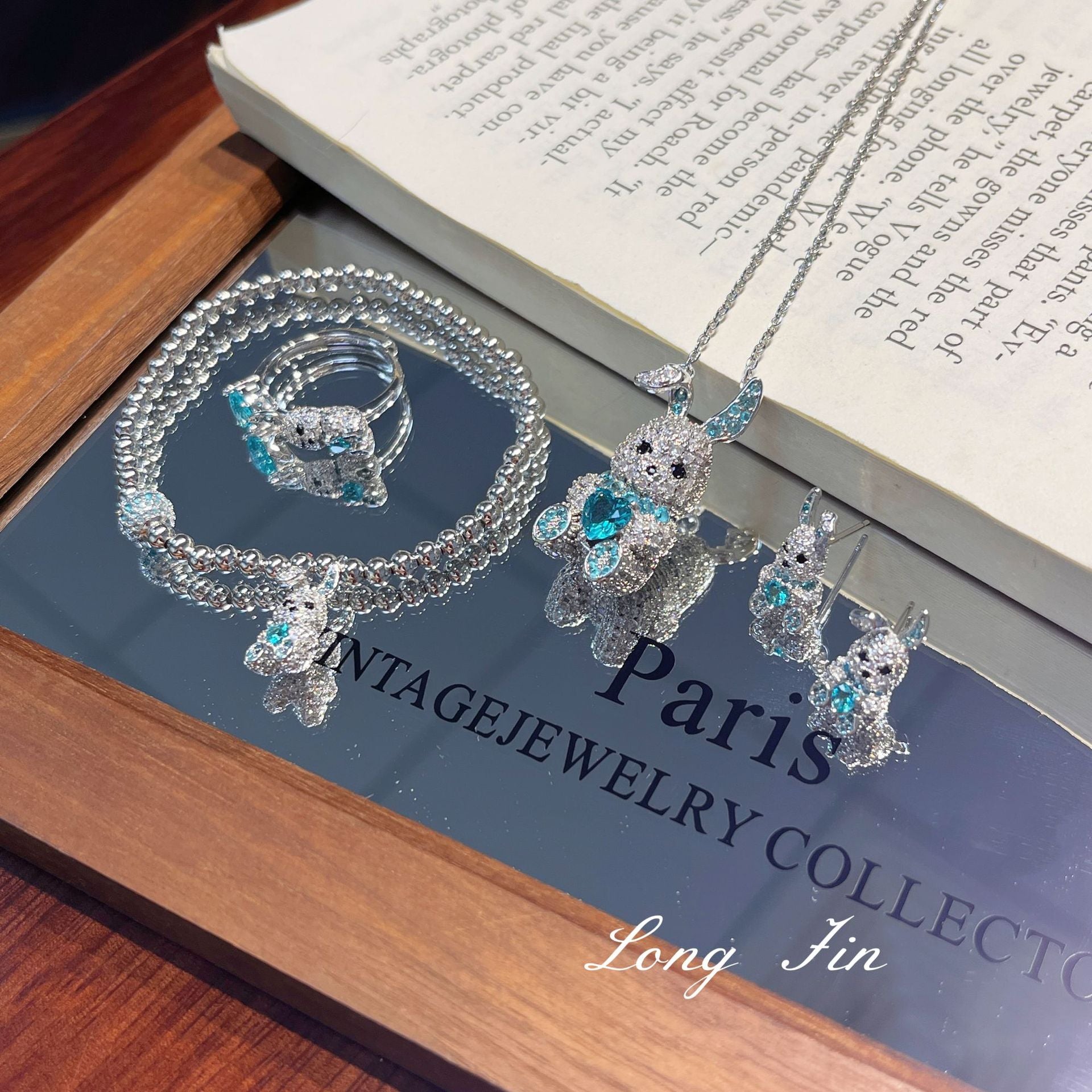 Blue Bunny Hug Jewelry Set – Paraiba Blue Rabbit Necklace, Ring, Earrings & Bracelet
