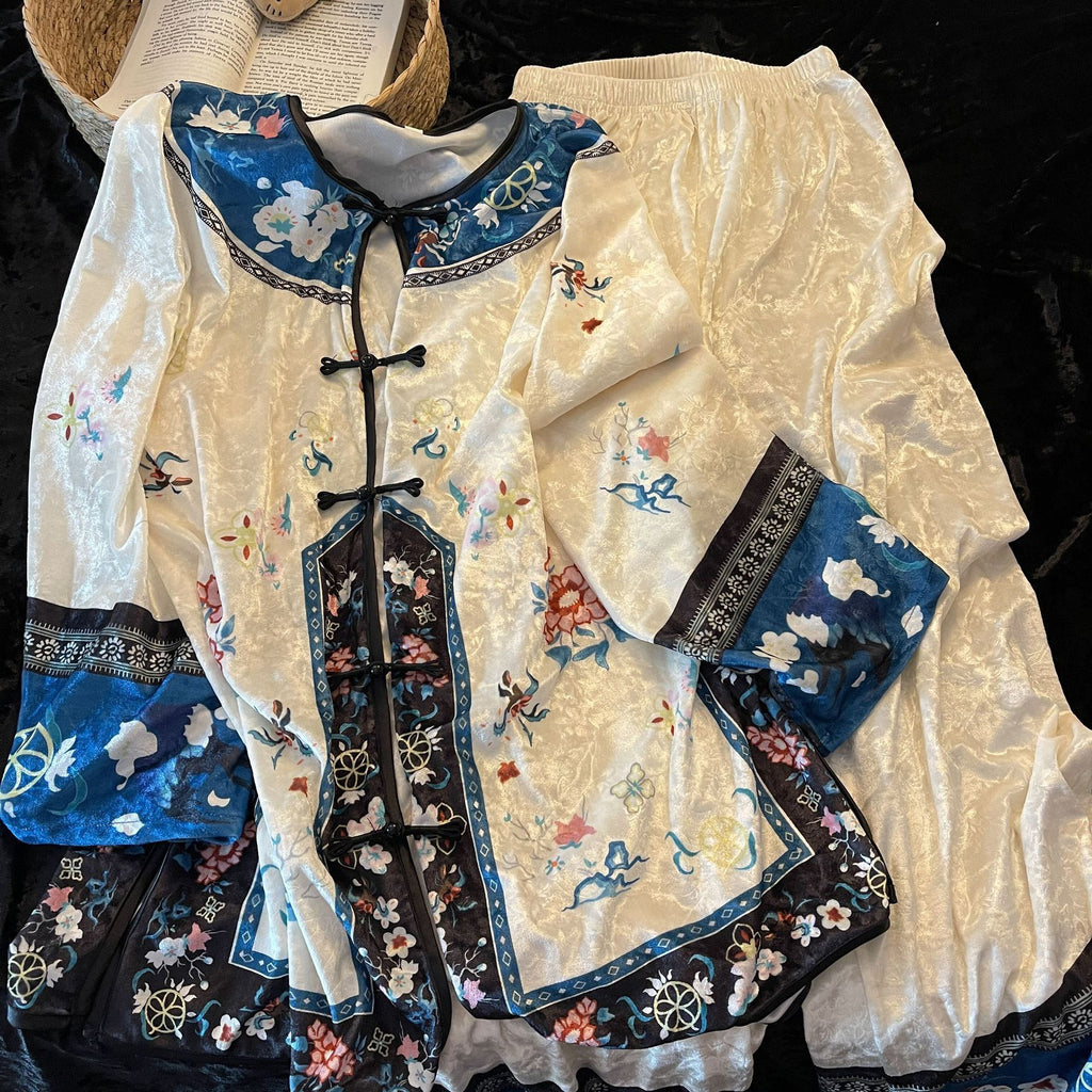 Velvet Floral Pajama Set – Chinese Elegance, Long Sleeve + Pants, S-3XL