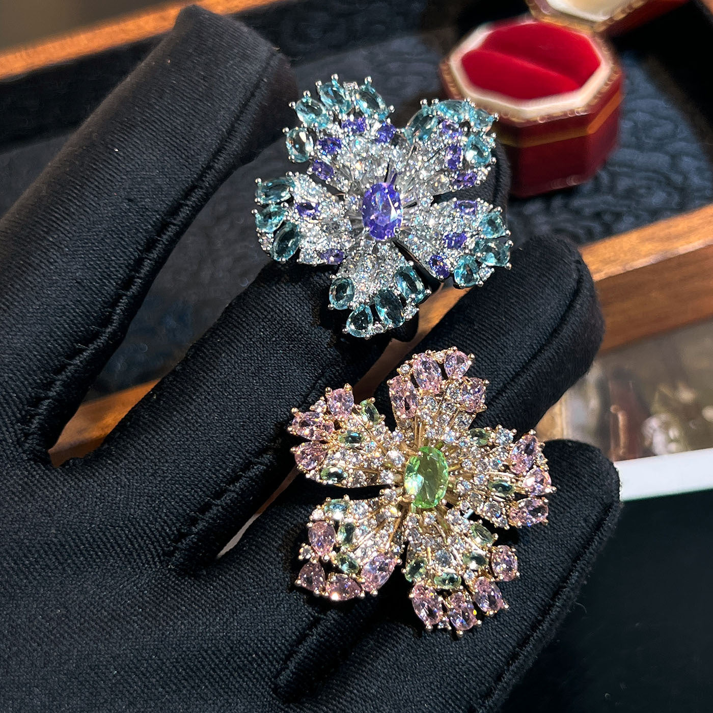 Pavé Flower Ring – Blue or Pink, Adjustable Open Band