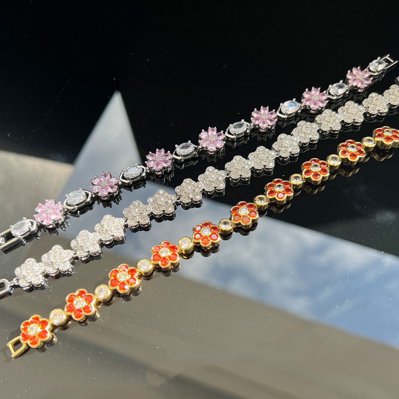Spring Flower Crystal Bracelet – Silver, Pink or Gold Tone