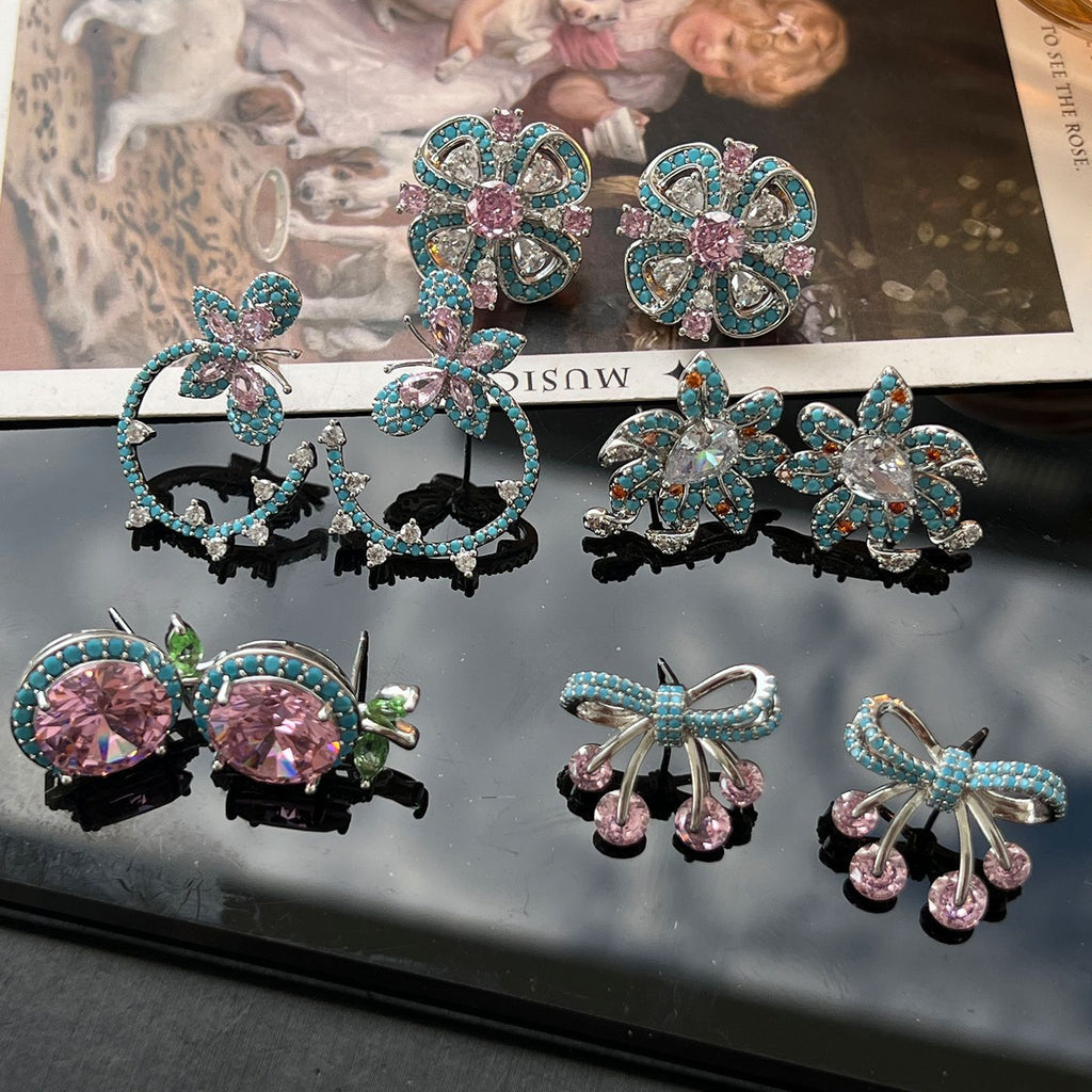 Geometric Pavé Earrings – Butterfly, Flower, Apple, Bow, Teardrop (925 Silver)