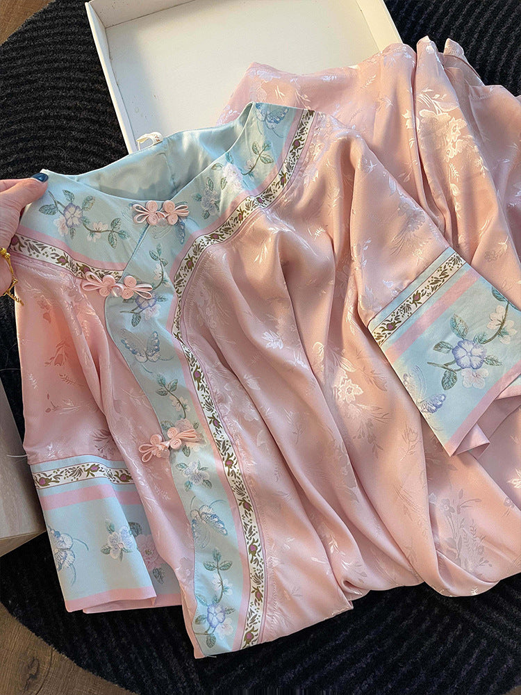 Pink Sweet Chinese-Style Sleep Dress – Short Sleeve, Floral Jacquard, S-3XL