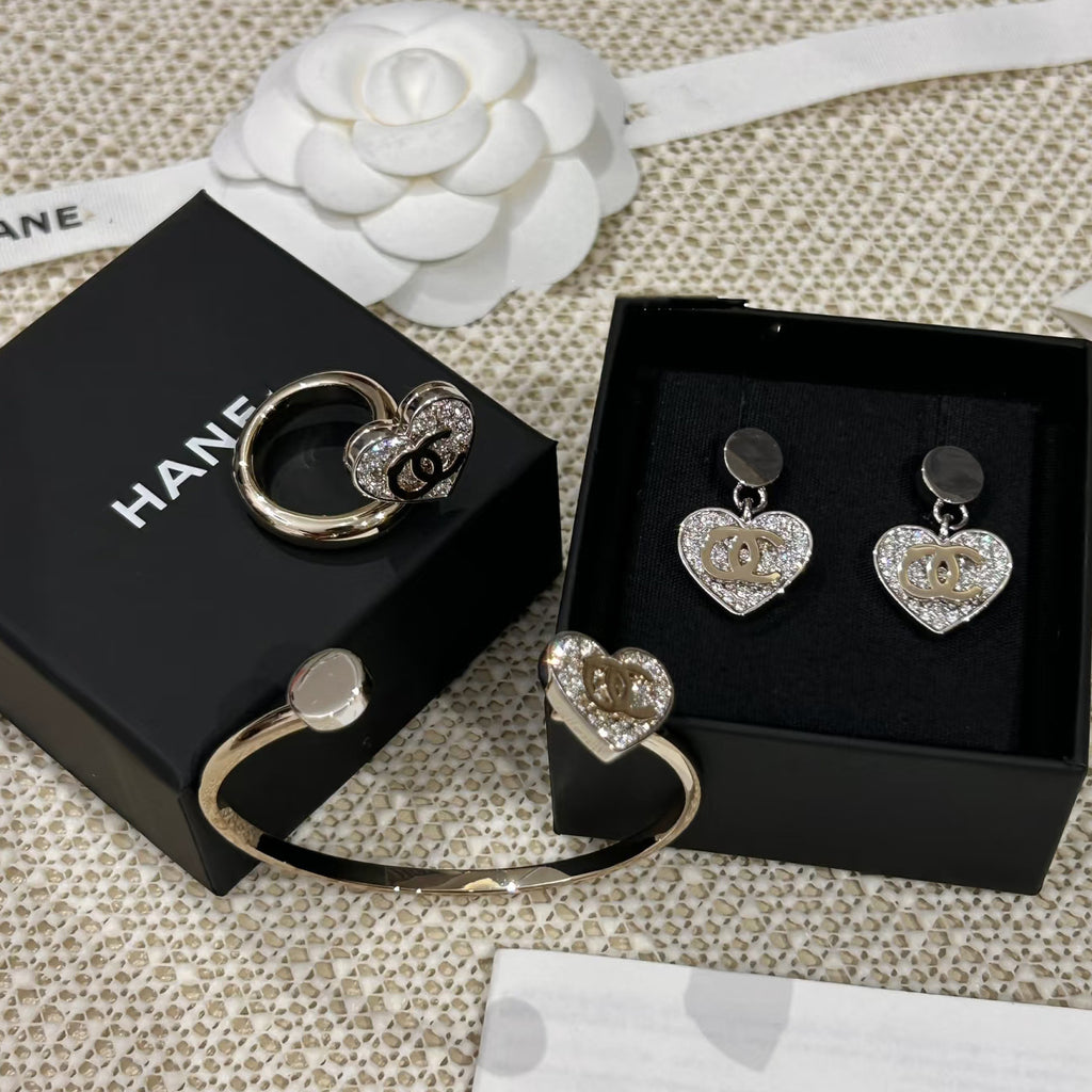 Heart Pavé Interlocking C Earrings – Drop, Ring, Studs & Cuff