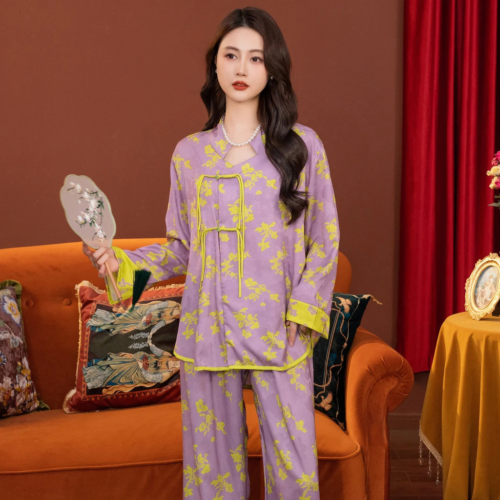 New Chinese Cotton-Silk Pajama Set – Mid-Sleeve + Wide-Leg Pants, One Size