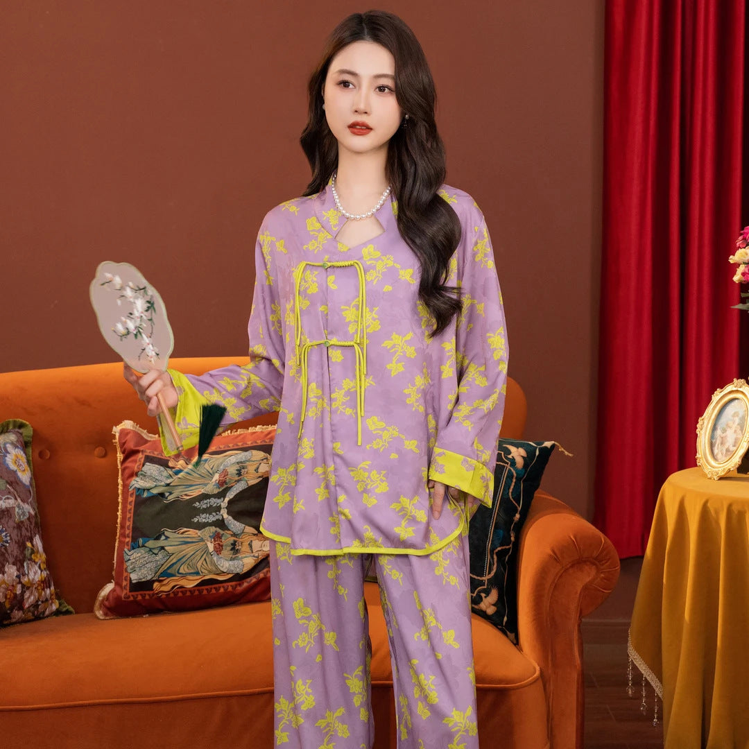 New Chinese Cotton-Silk Pajama Set – Mid-Sleeve + Wide-Leg Pants, One Size