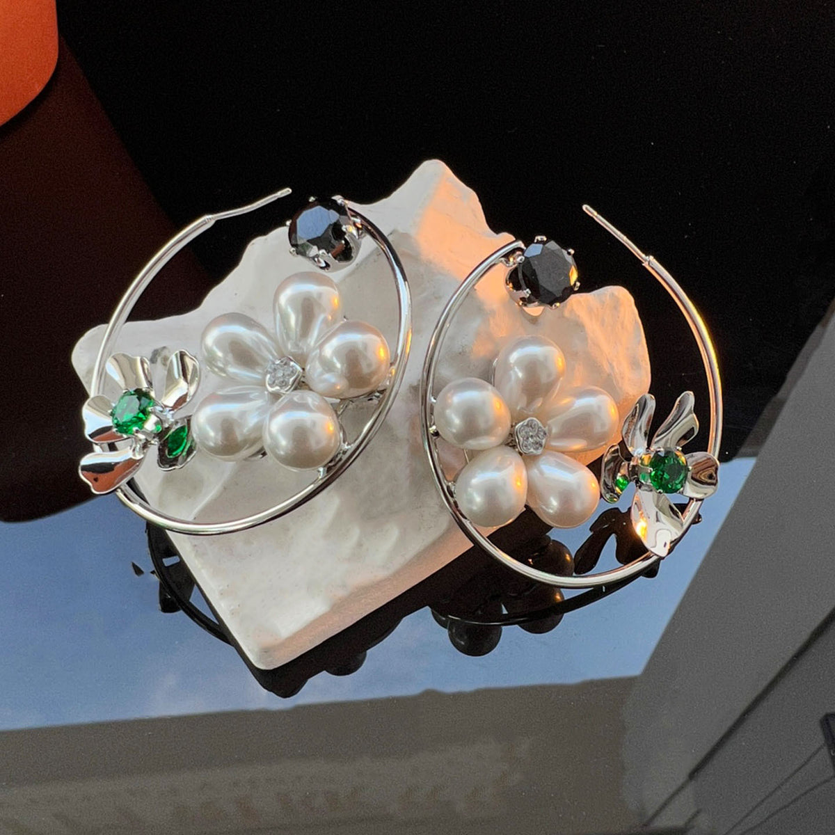Silver Flower Pearl Earrings – Micro Pavé Zirconia, Sweet & Edgy