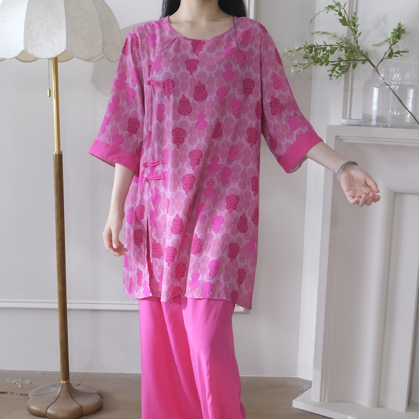 Flowy Wide-Leg Loungewear – Vintage Oriental Print, One Size Fits Most