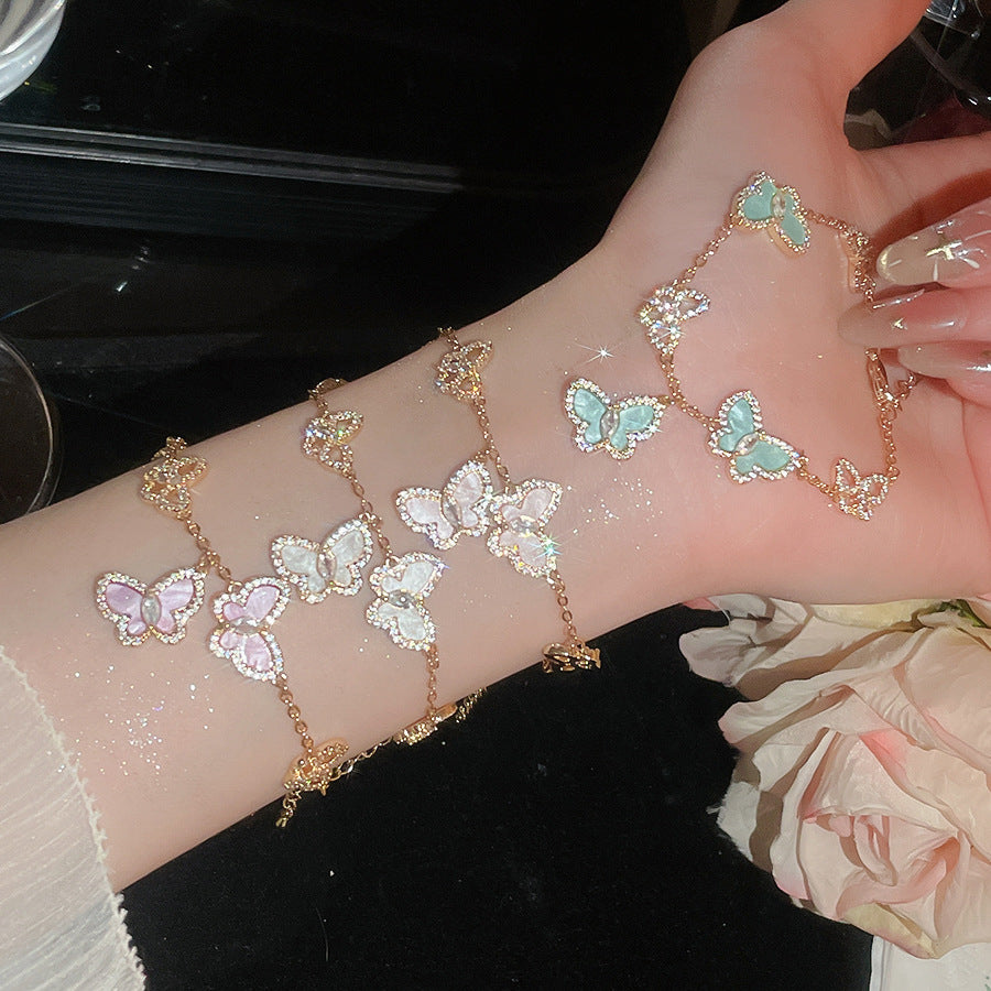 Layered Butterfly Chain Bracelet – Vintage Gold Tone with Purple/Pink/White/Blue Zirconia
