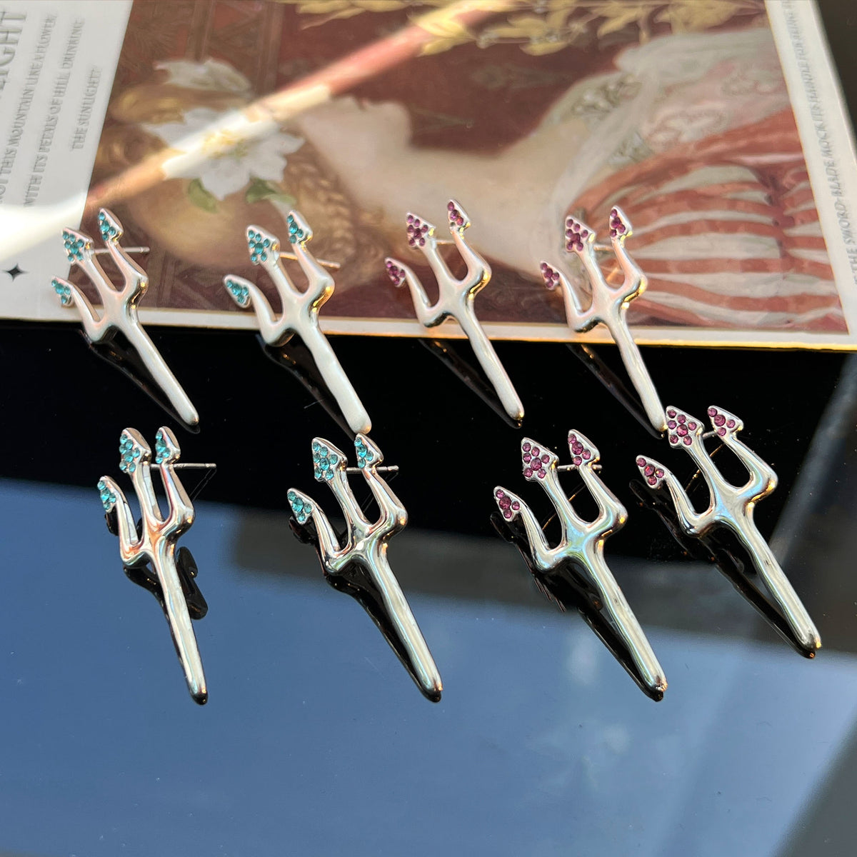 Brushed Silver Trident Earrings – 925 Silver Posts, Edgy Statement