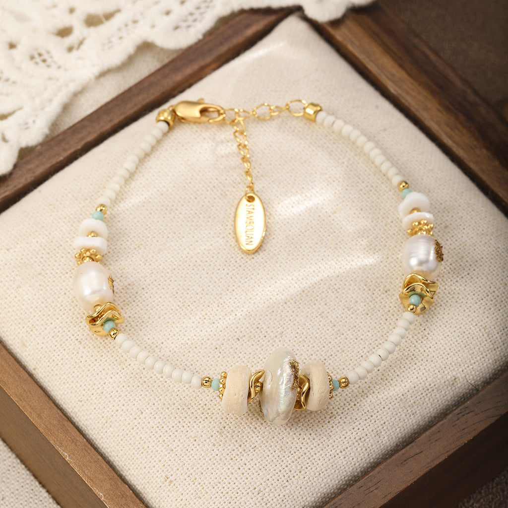 3-Material Pearl Set – Natural Stone, Pearl & Shell with 18K Gold Plating