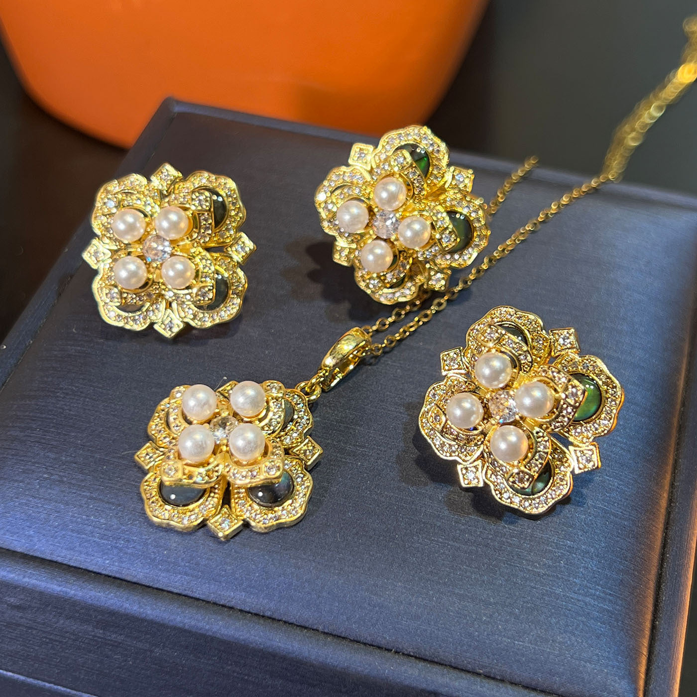 Abalone Shell & Pearl Set – Gold or Silver, Earrings/Necklace/Ring