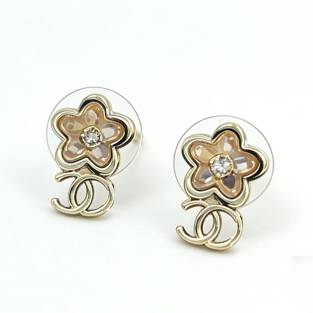 New early spring flower zircon stud earrings pink camellia small double cCC earrings 26CC simple stud earrings women