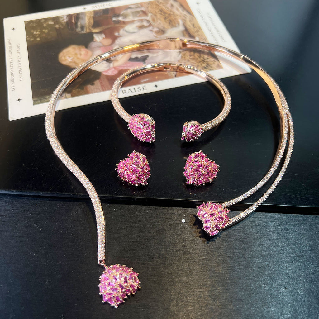 Heart Pavé Set – Earrings, Bangle & Choker in Red, Gold or Multicolor