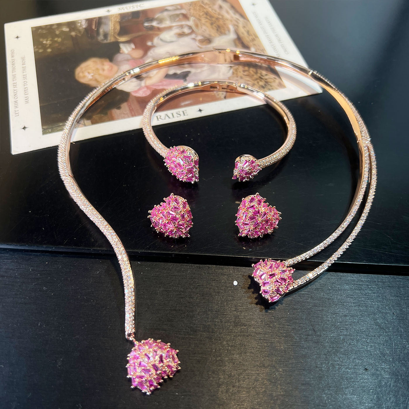 Heart Pavé Set – Earrings, Bangle & Choker in Red, Gold or Multicolor
