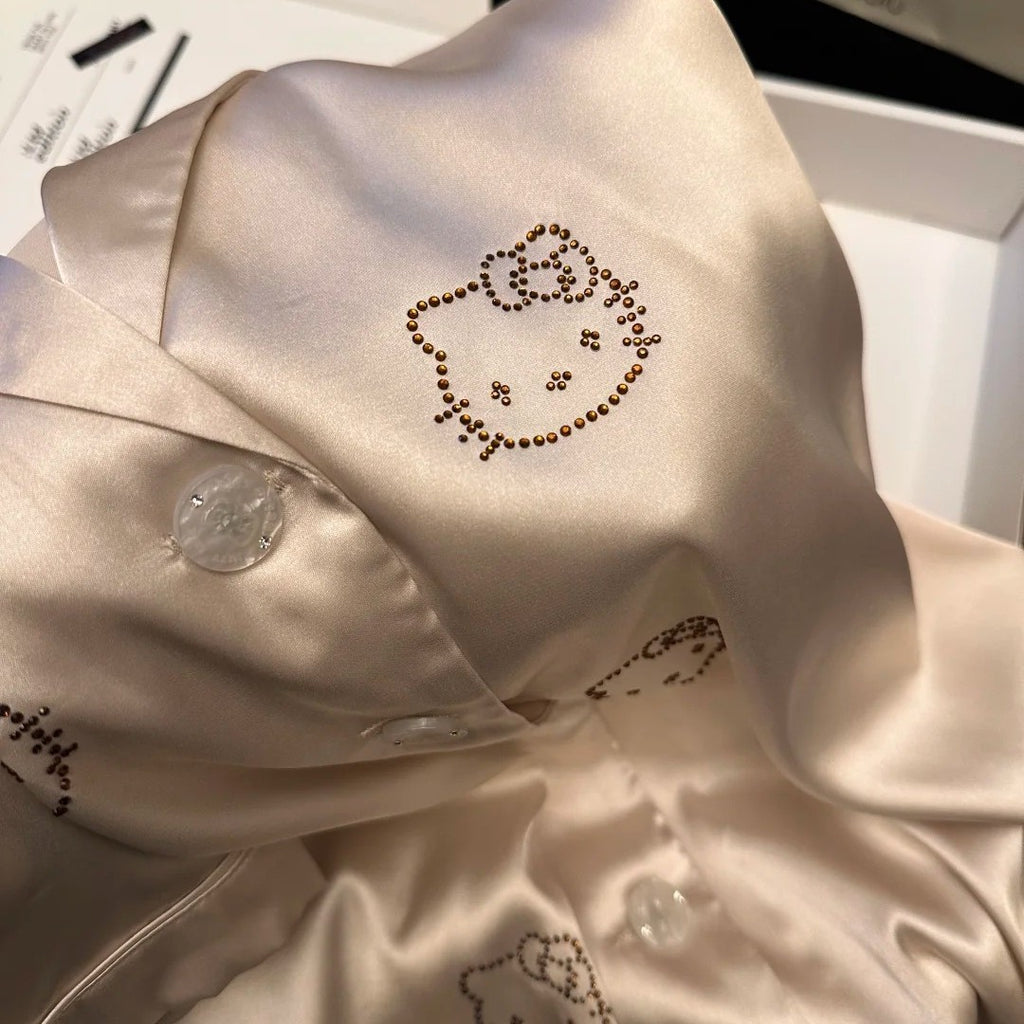 French Chic Rhinestone Cat Pajama Set – Short Sleeve + Shorts, S-3XL