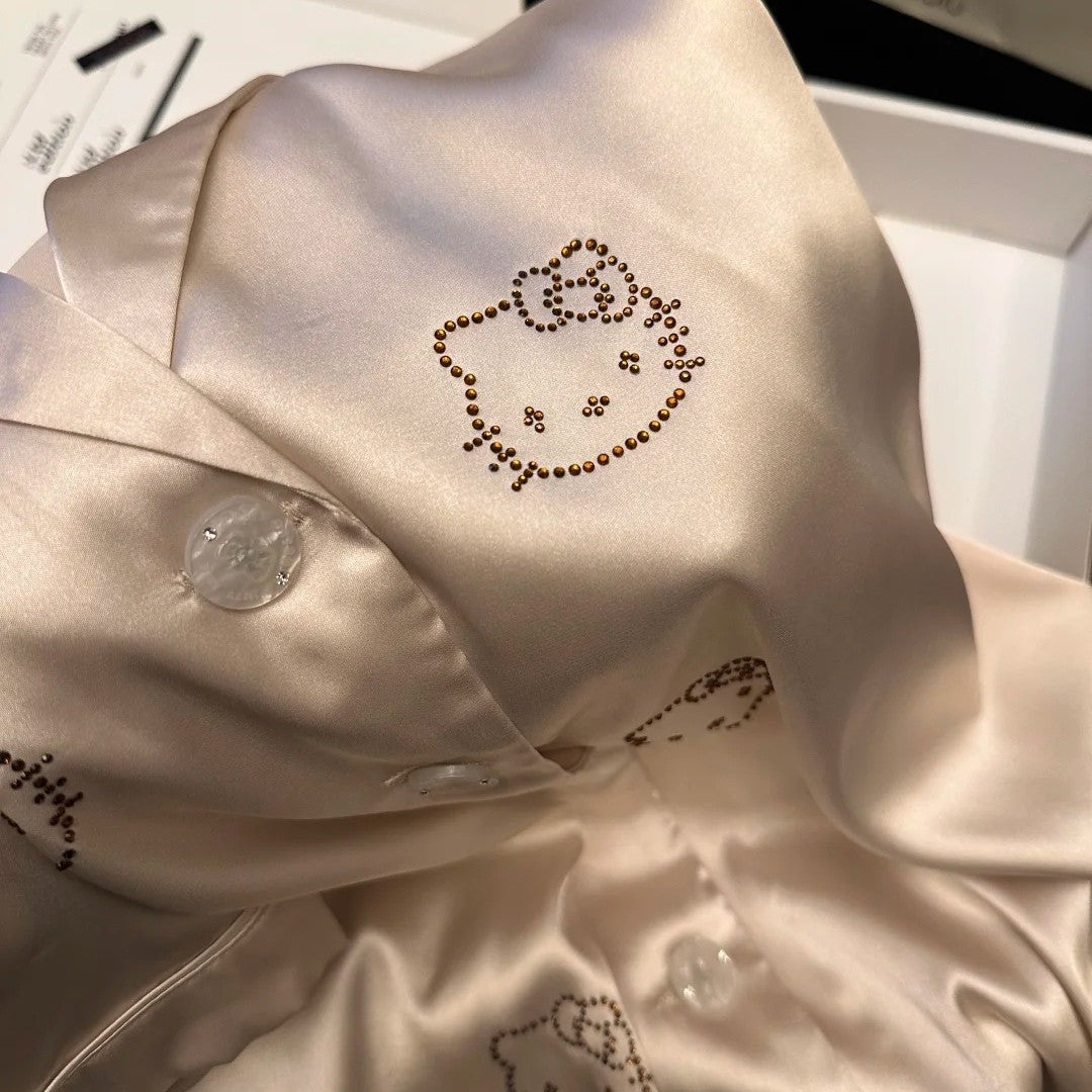 French Chic Rhinestone Cat Pajama Set – Short Sleeve + Shorts, S-3XL