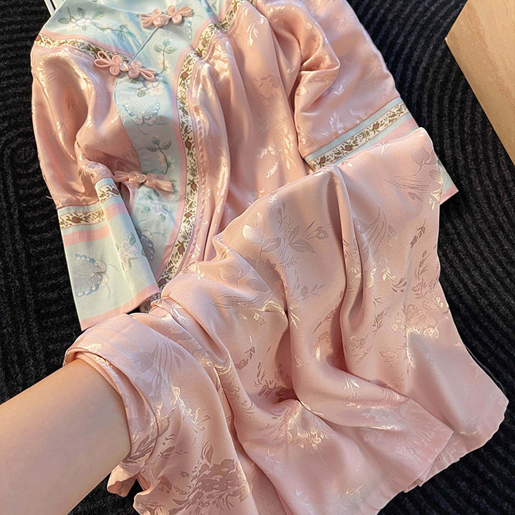 Pink Sweet Chinese-Style Sleep Dress – Short Sleeve, Floral Jacquard, S-3XL