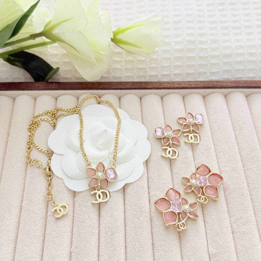 Cherry Blossom Square Diamond Earrings – CC Logo Studs in Gold Tone