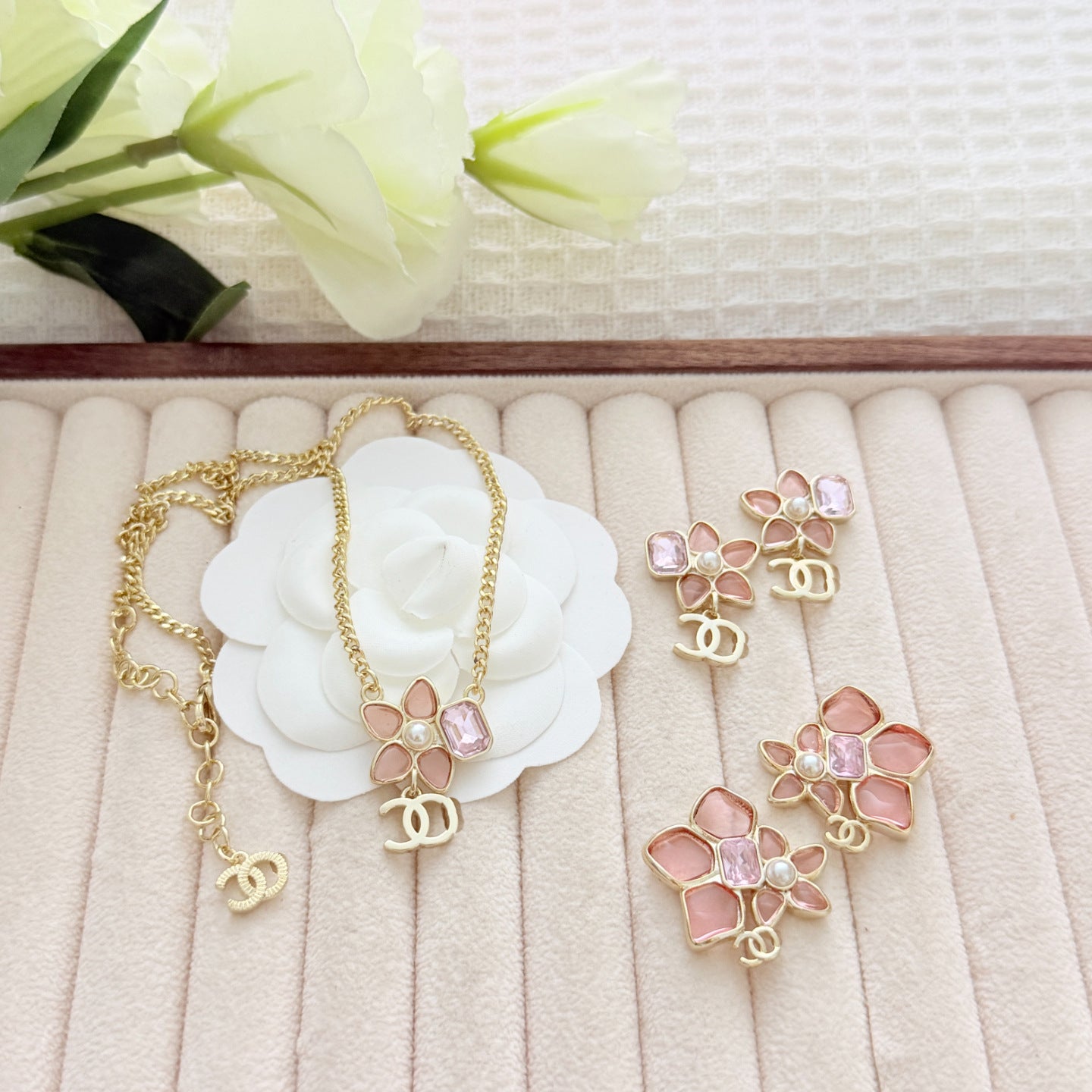Cherry Blossom Square Diamond Earrings – CC Logo Studs in Gold Tone