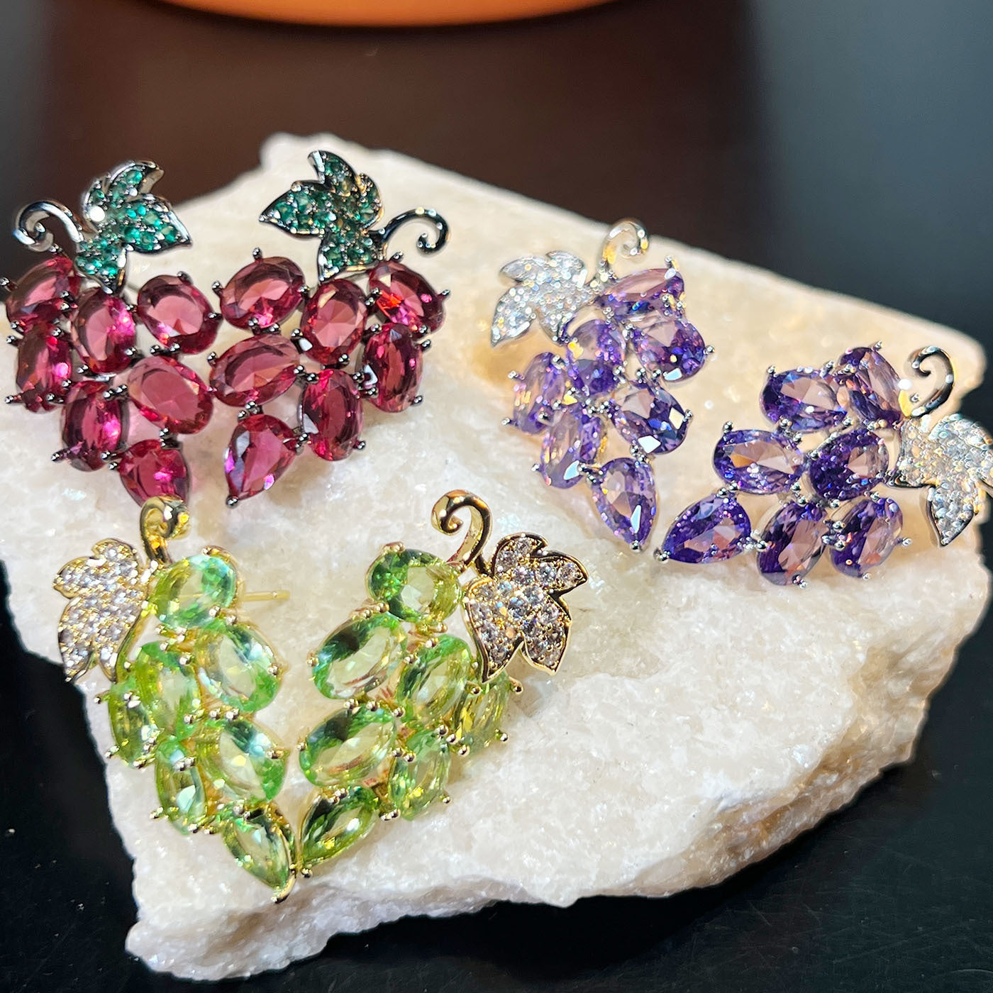 Grape Cluster Earrings – Purple, Red or Light Green Zirconia