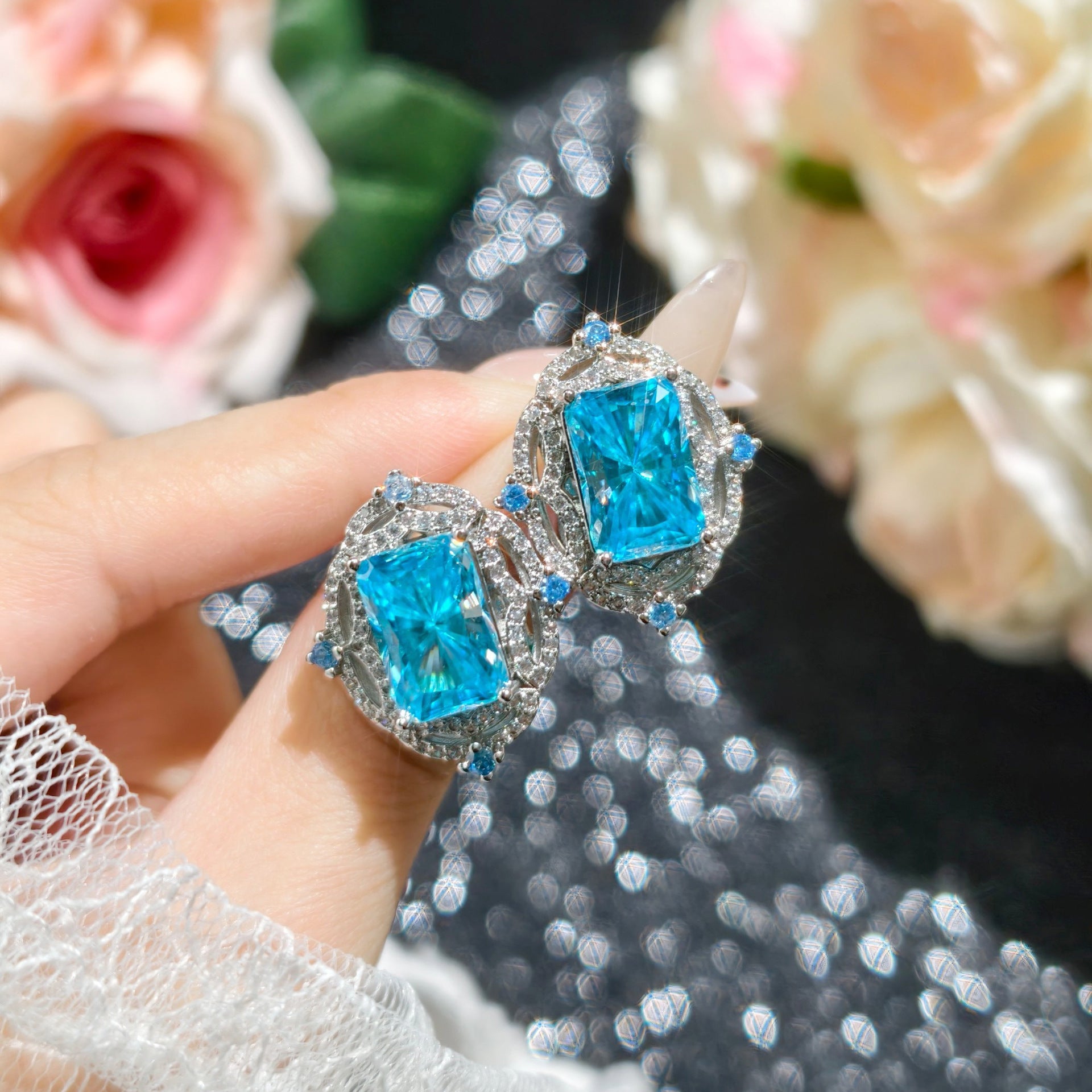 Radiant Cut Aqua Zirconia Set – Pendant, Chain, Ring & Earrings