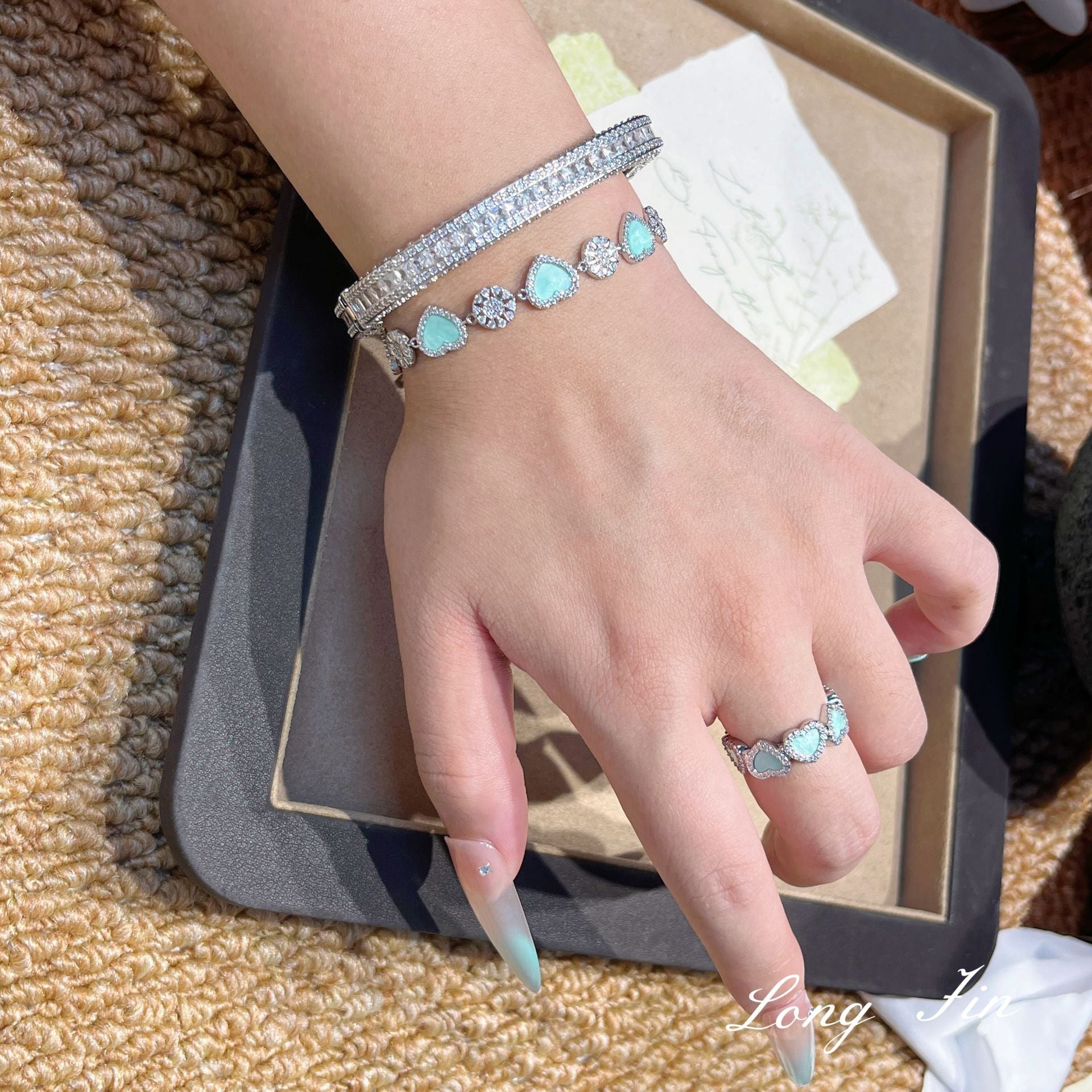 Lovely Heart Jewelry Gift Set – Mint Green Zirconia Necklace, Bracelet & Ring