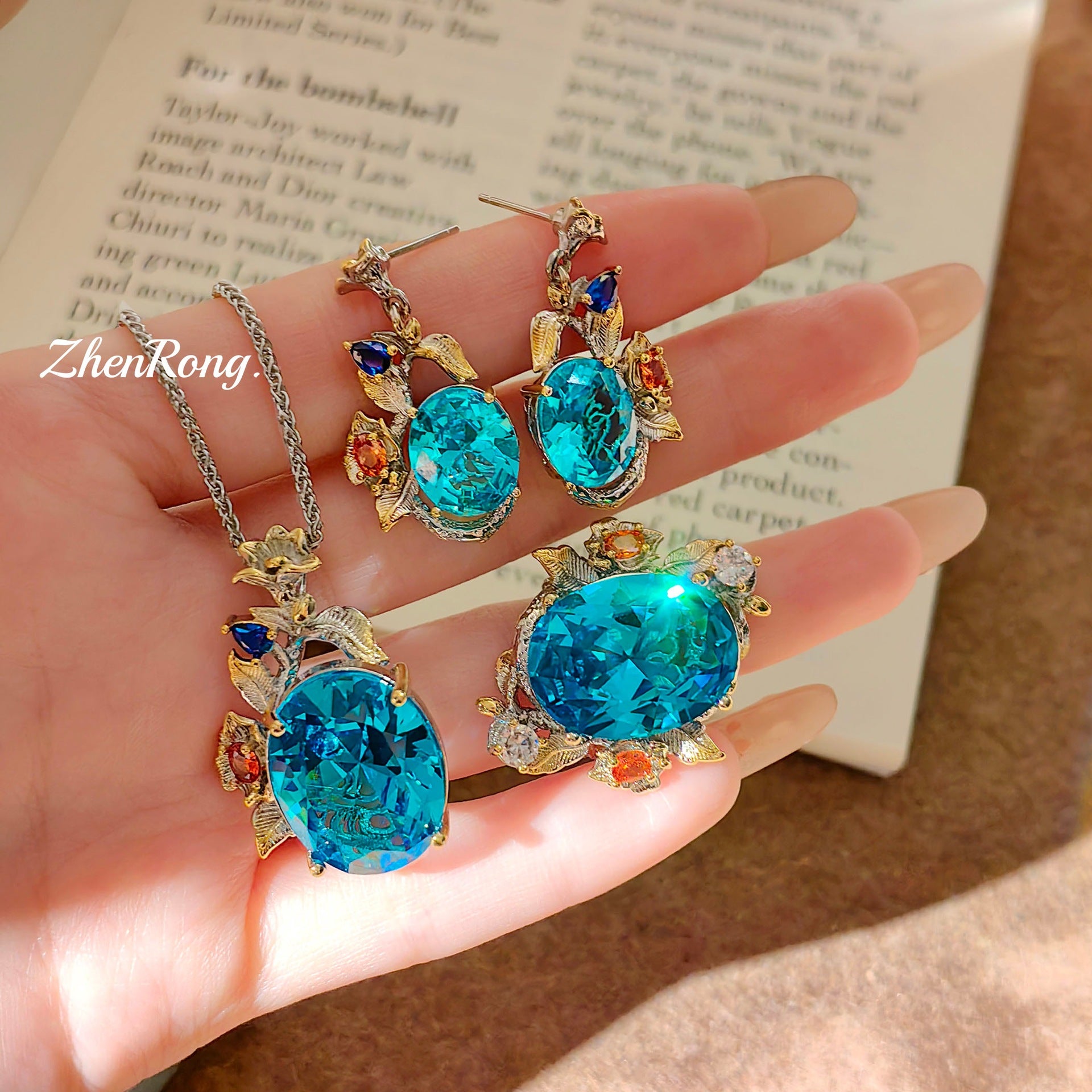 Italian Filigree Gem Set – Aqua Blue & Pink, with Chain