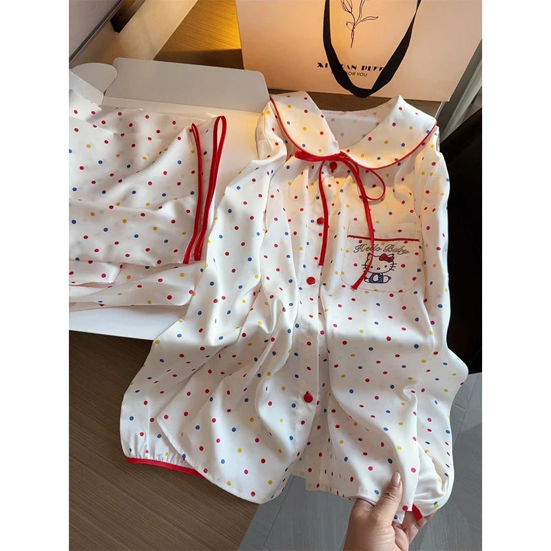 Kawaii Kitty Print Pajamas – Breathable Satin, Summer Loungewear