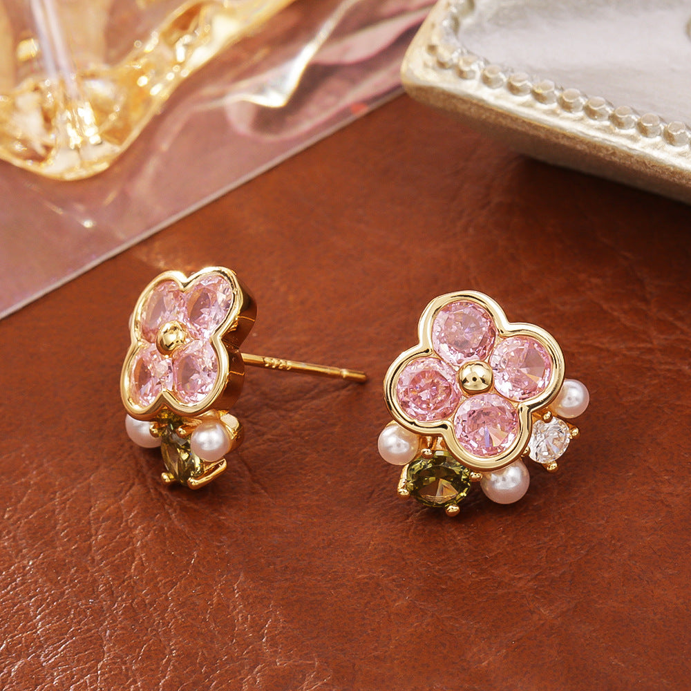 Pink Zircon Flower Earrings | Fairycore Nature Jewelry for Women