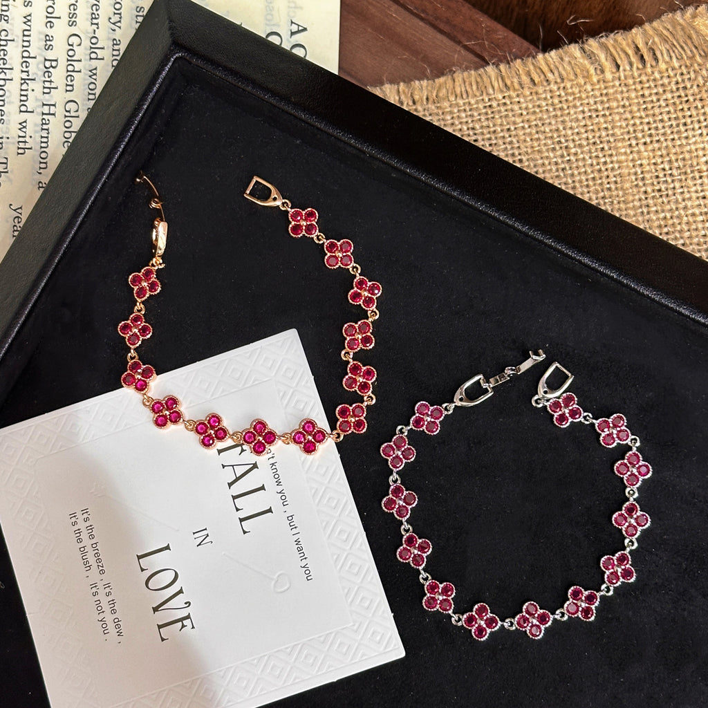 Full Pavé Four‑Leaf Bracelet – 5 Gem Colors, Champagne or White Gold