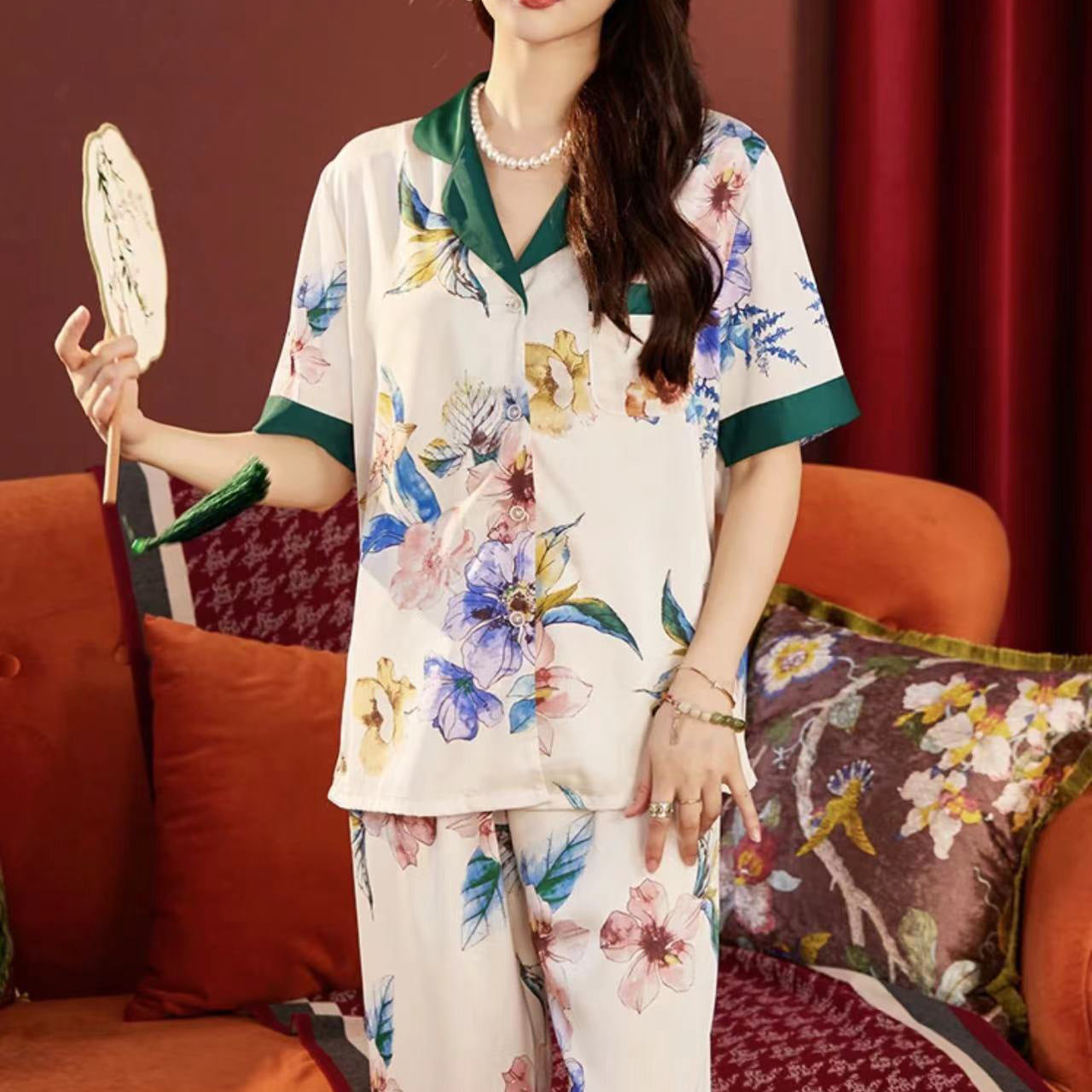 Silk-Feel Pajama Set – Short Sleeve, 3-Piece Shorts/Long Pants