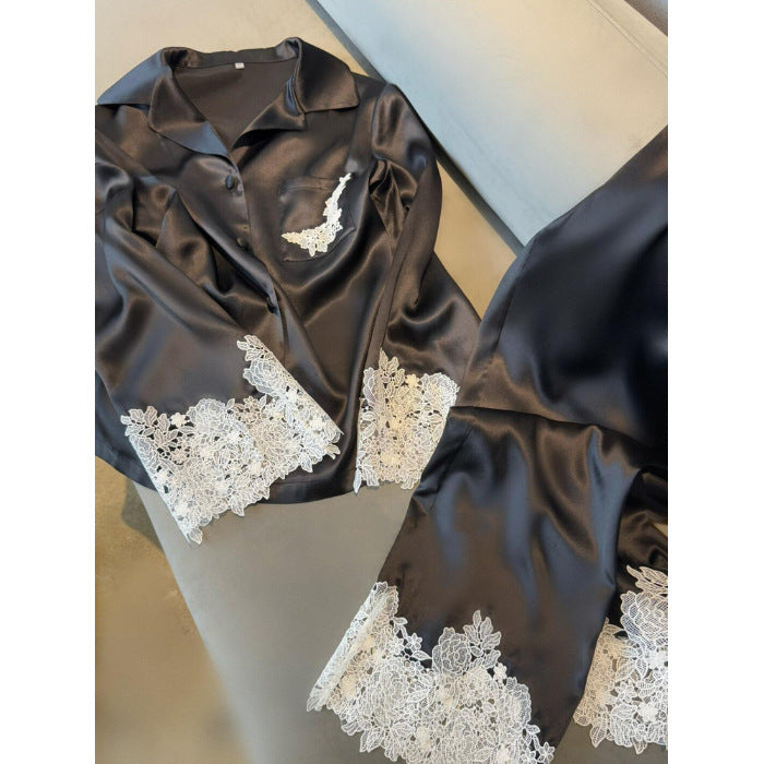 French Chic Lace Ice-Silk Pajama Set – Lightweight Long Sleeve, M-XXL
