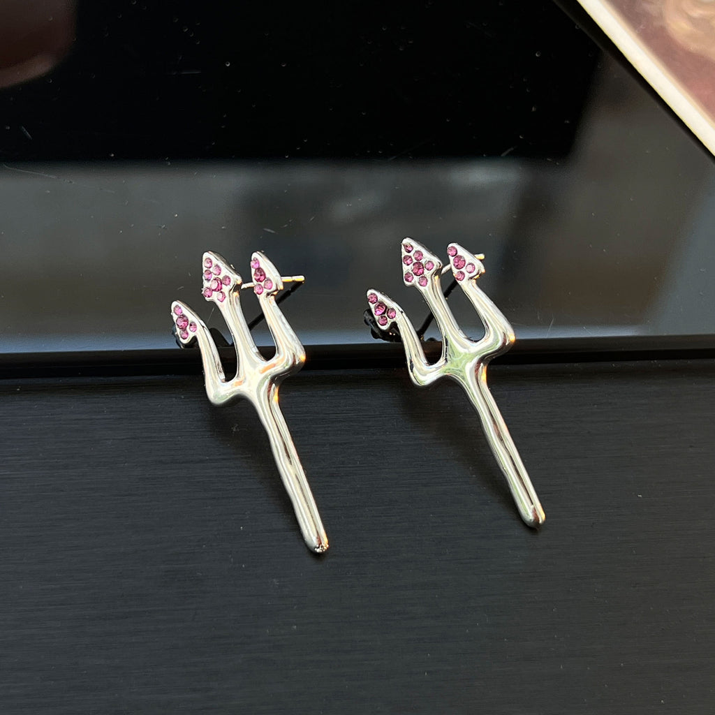 Brushed Silver Trident Earrings – 925 Silver Posts, Edgy Statement