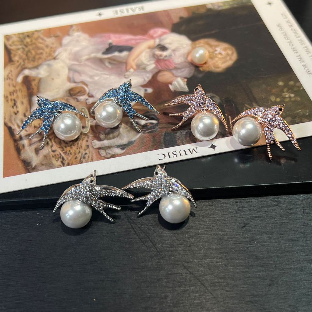 Swallow & Pearl Studs – 925 Silver, Blue/Pink/Silver