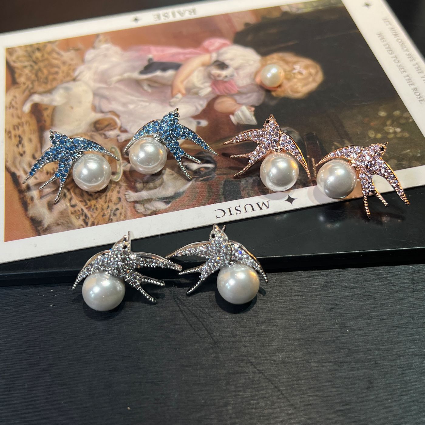 Swallow & Pearl Studs – 925 Silver, Blue/Pink/Silver