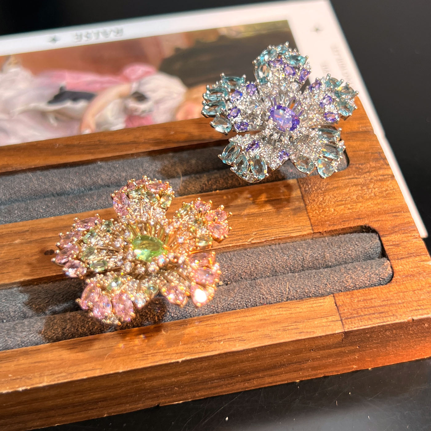 Pavé Flower Ring – Blue or Pink, Adjustable Open Band