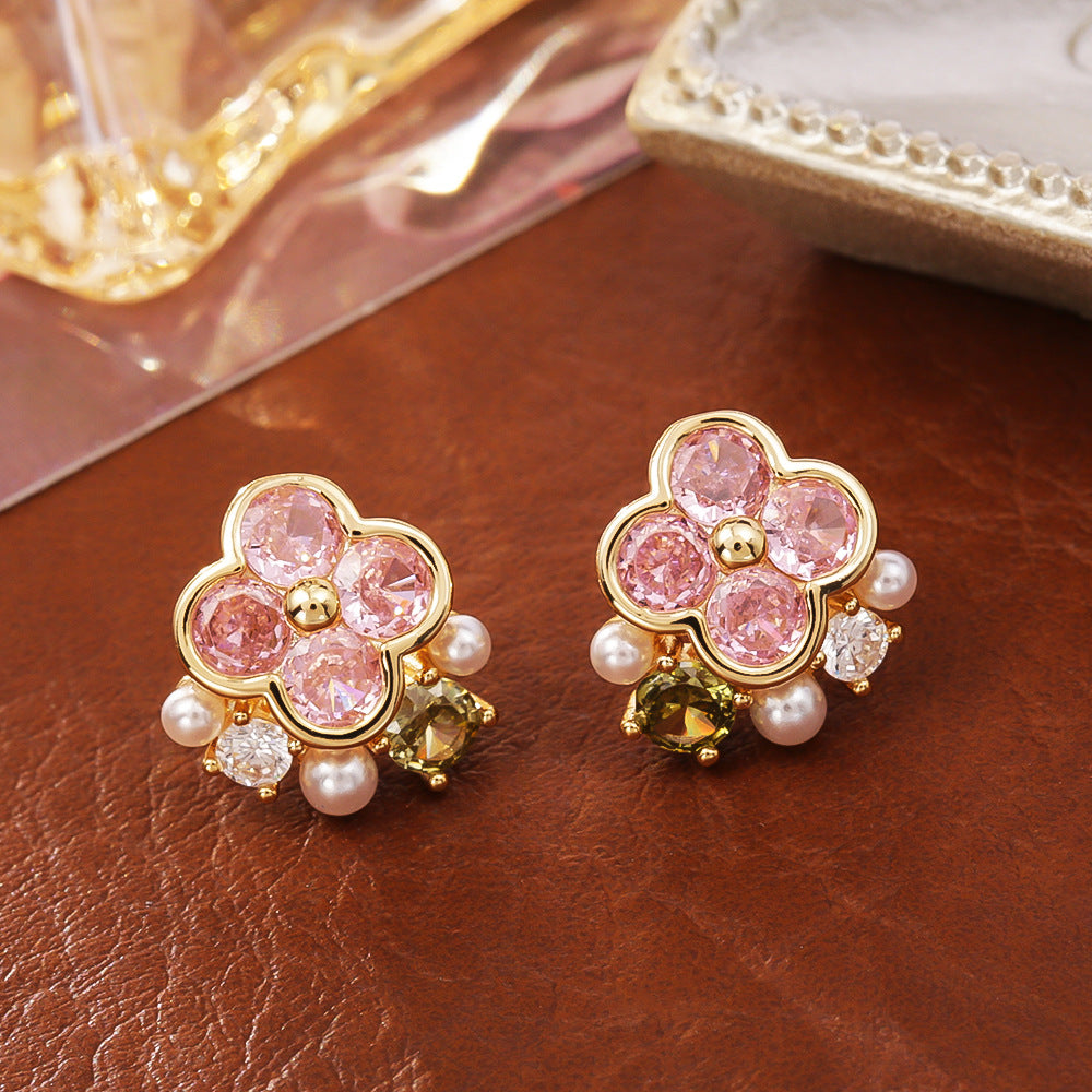Pink Zircon Flower Earrings | Fairycore Nature Jewelry for Women