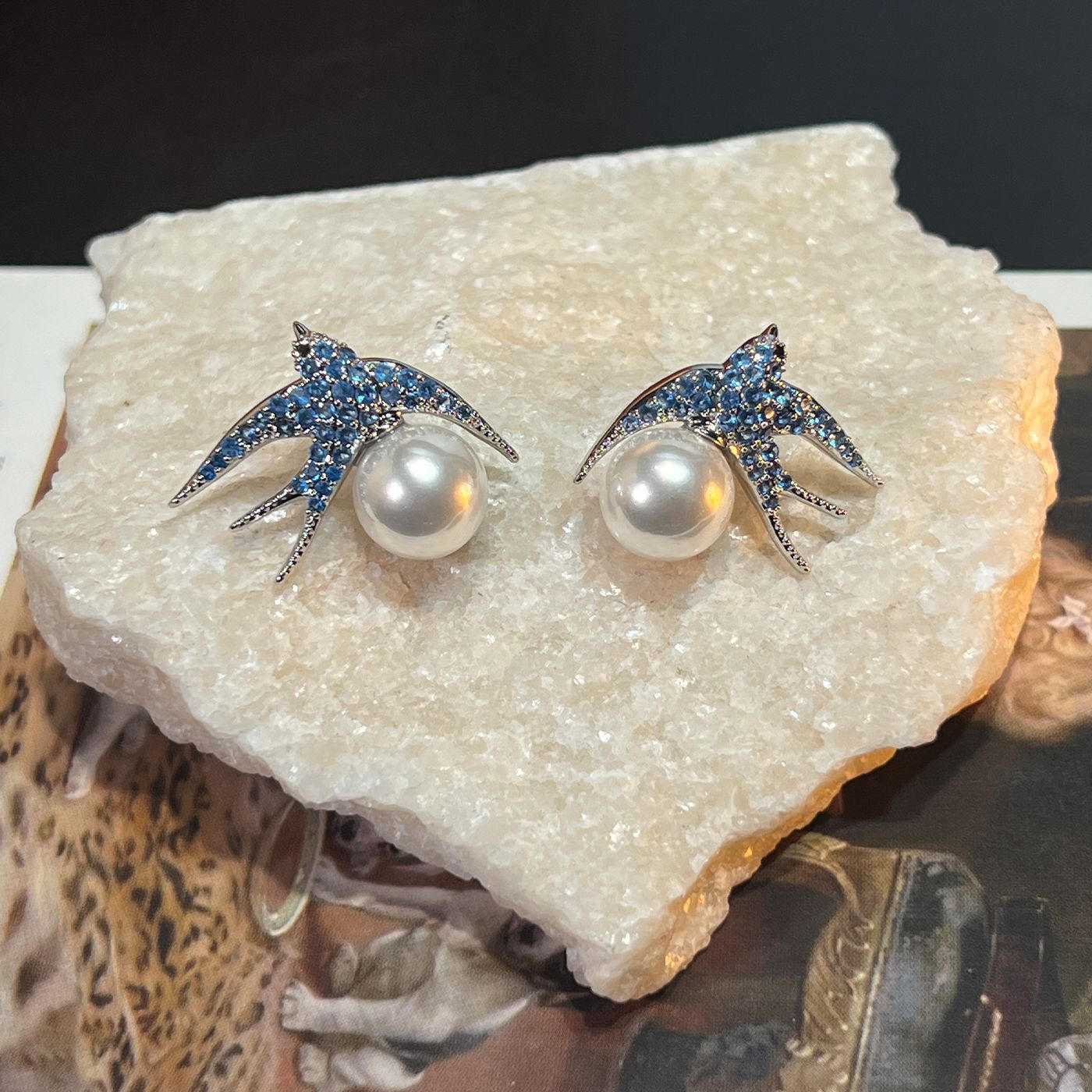 Swallow & Pearl Studs – 925 Silver, Blue/Pink/Silver