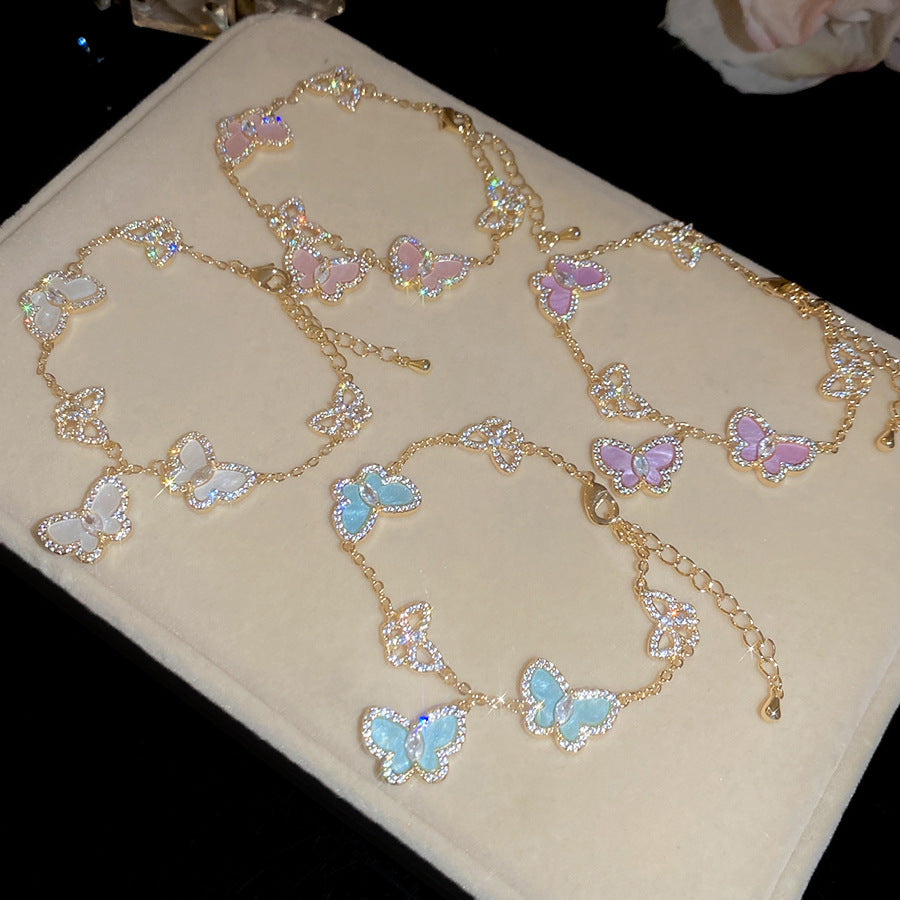 Layered Butterfly Chain Bracelet – Vintage Gold Tone with Purple/Pink/White/Blue Zirconia