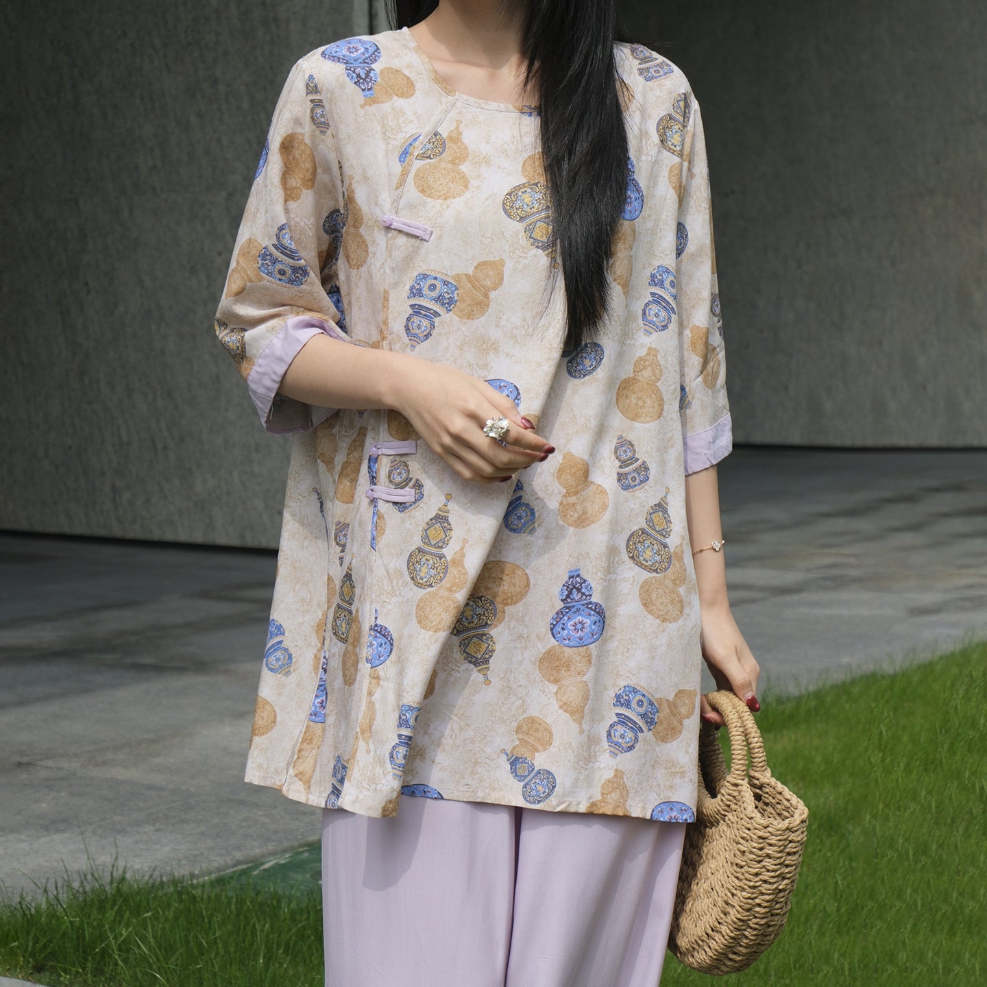 Flowy Wide-Leg Loungewear – Vintage Oriental Print, One Size Fits Most