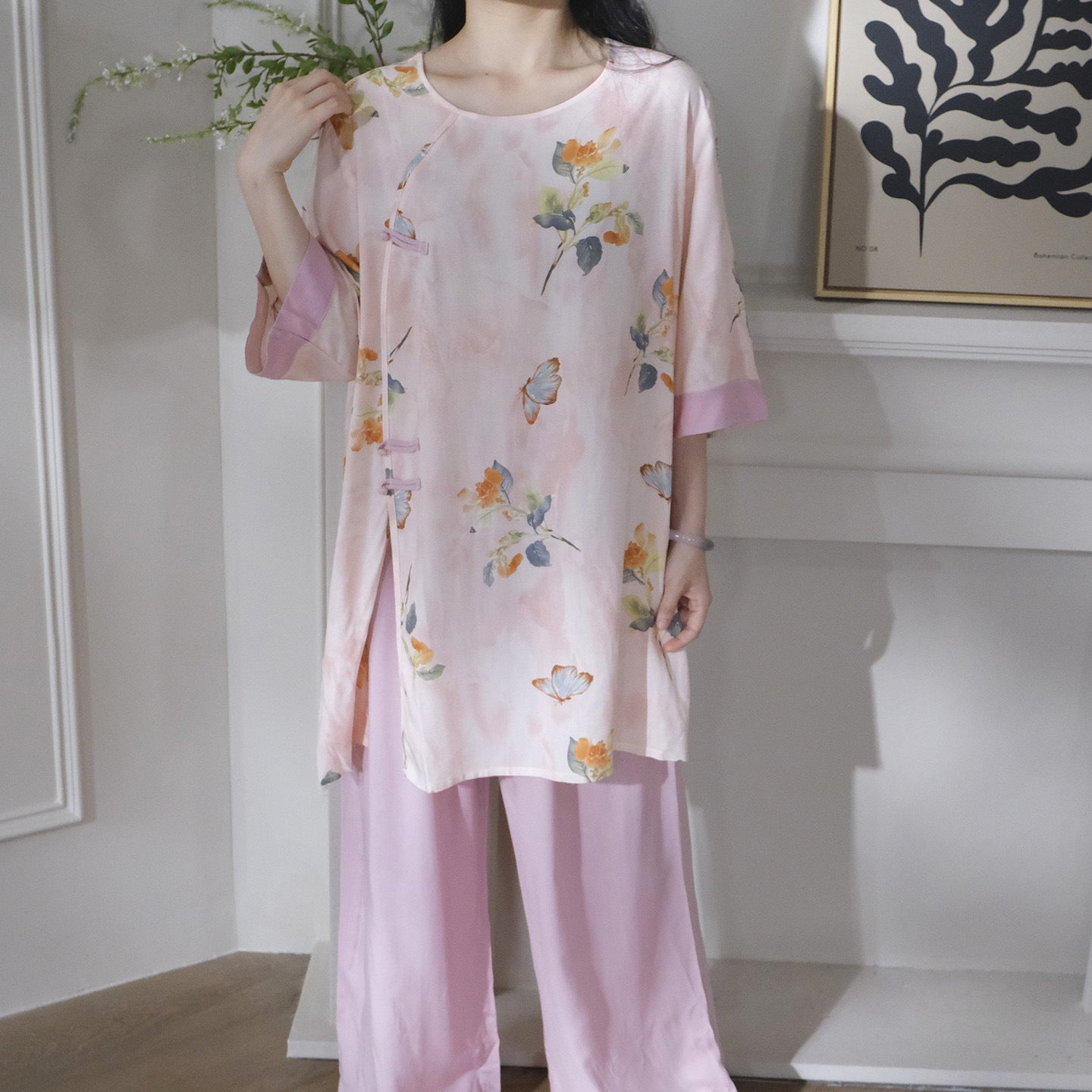 Flowy Wide-Leg Loungewear – Vintage Oriental Print, One Size Fits Most