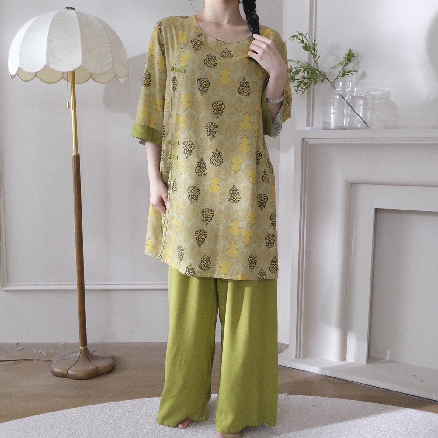 Flowy Wide-Leg Loungewear – Vintage Oriental Print, One Size Fits Most