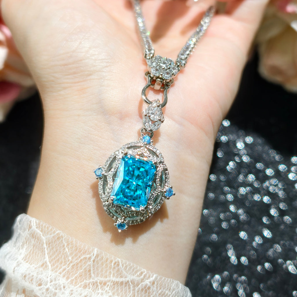Radiant Cut Aqua Zirconia Set – Pendant, Chain, Ring & Earrings